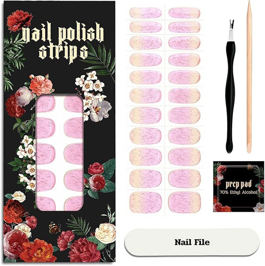 Nail Polish Strips - 22 Pcs Salon Quality Gel Nail Stickers - Long Lasting Wraps (Vintage Rose Glitter)