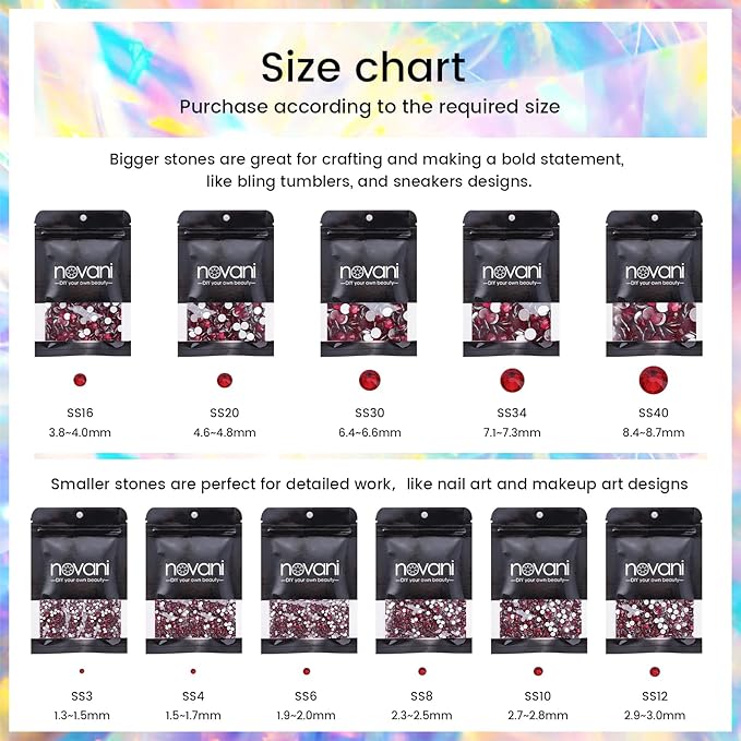 Novani Dark Red Rhinestones 3000Pcs Flatback Crystal Round Loose Gemstones Glass Rhinestones for Crafts Makeup Nail Art Clothes Shoes DIY Decorations(SS6, 1.9-2.0mm)