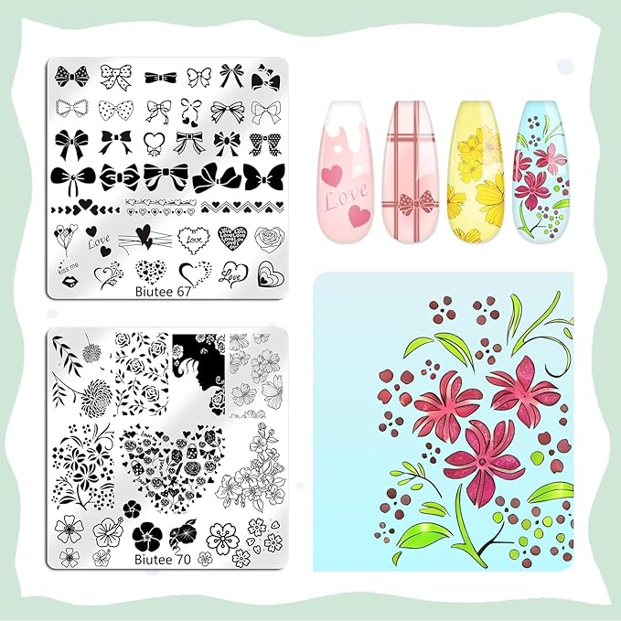 Biutee Nail Stamping Plates Set 16PCS Nail Stamper Kit with Nail Stamper, Scraper & Storage Bag Nail Art Stamping Plates Halloween Christmas Butterfly Star Flower Leaf Bowknot Design Nail Stamping Kit