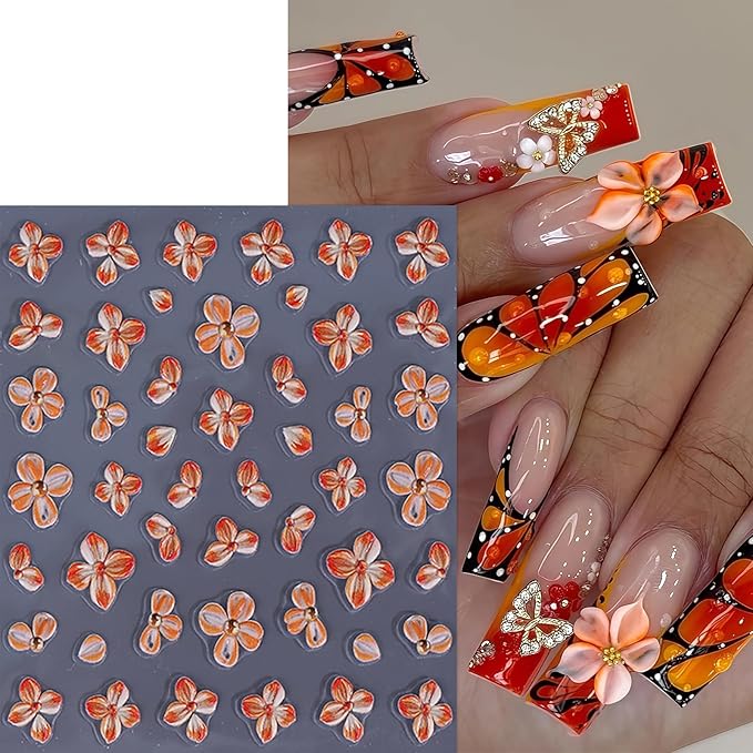 4sheets 5D Embossed Flower Nail Art Stickers Self Adhesive Fall Yellow Flowers Nail Stickers Autumn Orange White Daisy Nail Decals Orange Petal Daisies Nails Supplies for Women Manicure Accessories