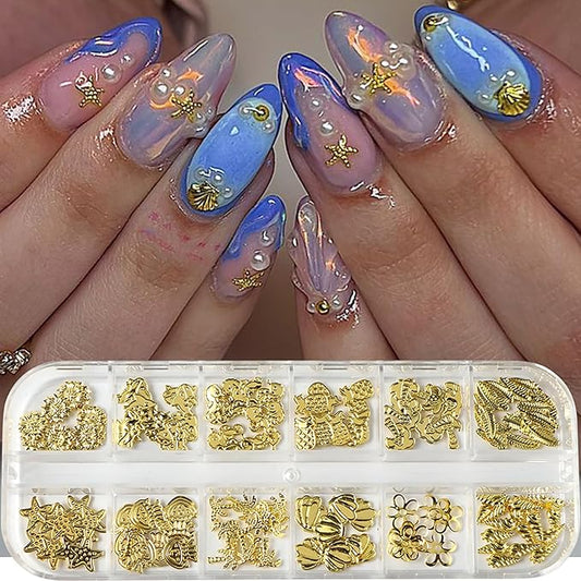 Gold Stars Moon Nail Accessories Golden Metal Shell Seahorse Jellyfish Nail Art Glitter Sequins 3D Golden Flower Nails Supplies Jewelry Studs Nail Decoration Kit Suitable for Women Acrylivc Nail