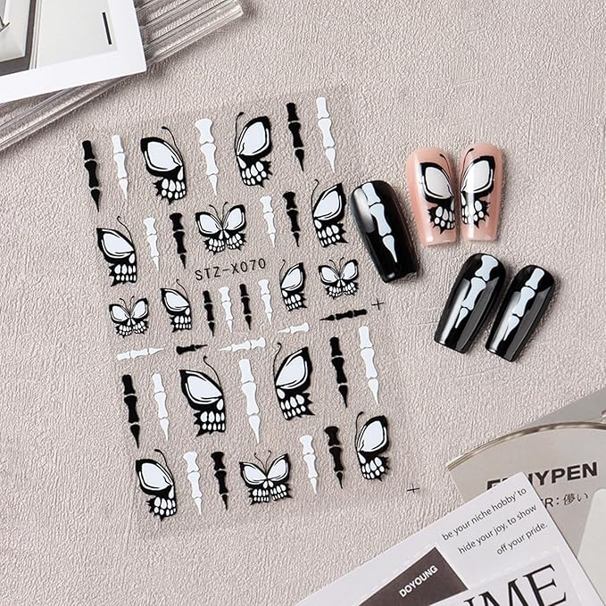 6 Sheets Halloween Nails Stickers Cute Ghost Mummy Nails Art Stickers 3D Self-Adhesive Supplies Nail Decal with Black White Spider Web Design Nail Sticker for Nail Art Women's DIY Decoration