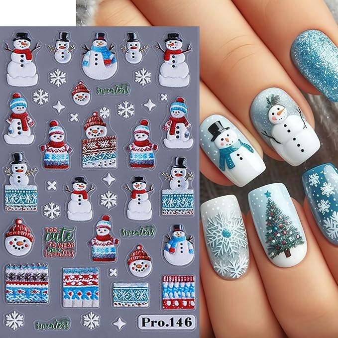4 Pcs Christmas Nail Art Stickers 5D Micro Embossed Self-Adhesive Snowman Gingerbread Man Snowflake Bow Holly Leaf Nail Decals Xmas Tree Santa Claus Nail Supplies for Women Winter Holiday DIY Manicure