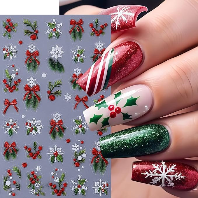 4 Sheets Green Christmas Nail Art Stickers 5D Micro Relief Holly Leaf Bow Nail Decals Winter Xmas Red Bow Holly Nail Stickers White Snowflake Nail Supplies for Women Holiday New Year Charms Nail Decor