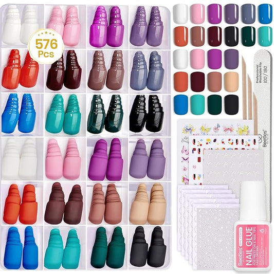 Beetles Press on Nails Kit 576Pcs 24 Colors, Press on Nails Short Square Glossy Matte With Nail Glue & Nail Tabs Stickers, Natural Fit Lightweight Squaval Fake Nails Kit Art For Women Girls