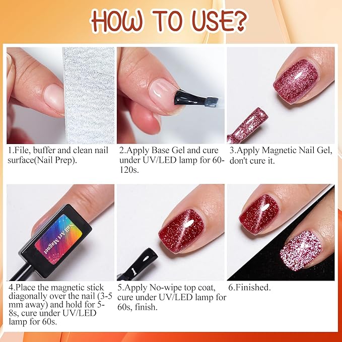 MEET ACROSS Amber Crystal Cat Eye Gel Nail Polish Reflective Glitter Magnetic Magnetic Cat Eye Gel Nail Polish Set Sparkly Red Coral Orange Brown Gift for Winter Christmas