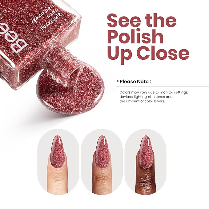 Beetles Red Nail Polish, Quick Dry Nail Polish, 1Pcs 15ml Glitter Sparkle Burgundy Red Nail Polish Fast Drying & Long Lasting Spring Valentines Nail Polish Salon DIY at Home
