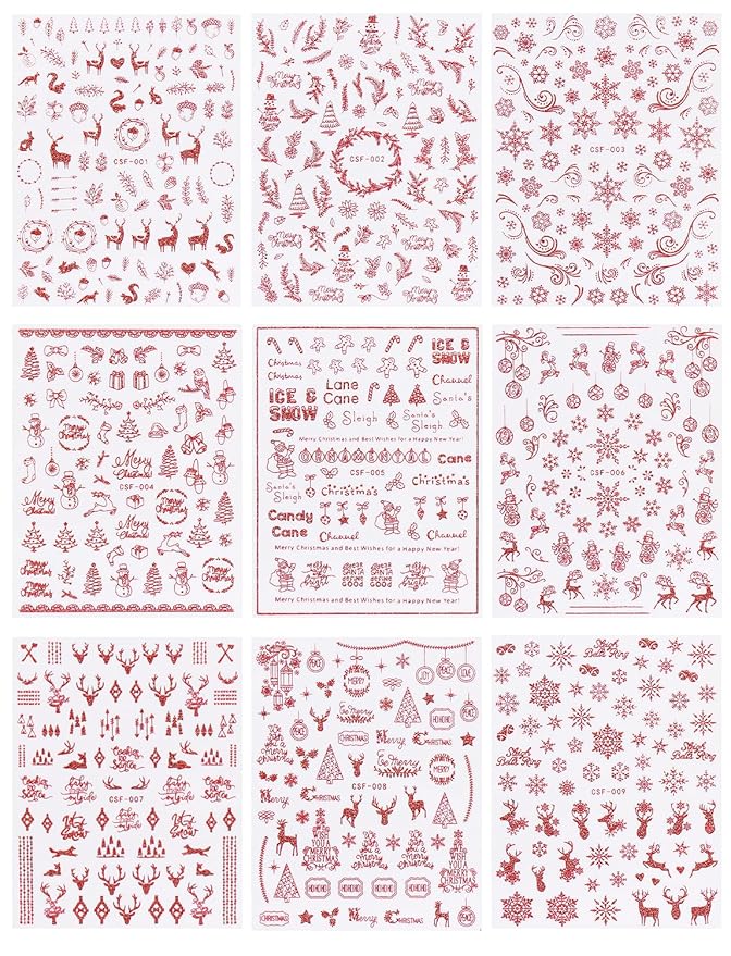 JMEOWIO 9 Sheets Christmas Glitter Nail Art Stickers Decals Self-Adhesive Red Nail Supplies Nail Art Design Decoration Accessories