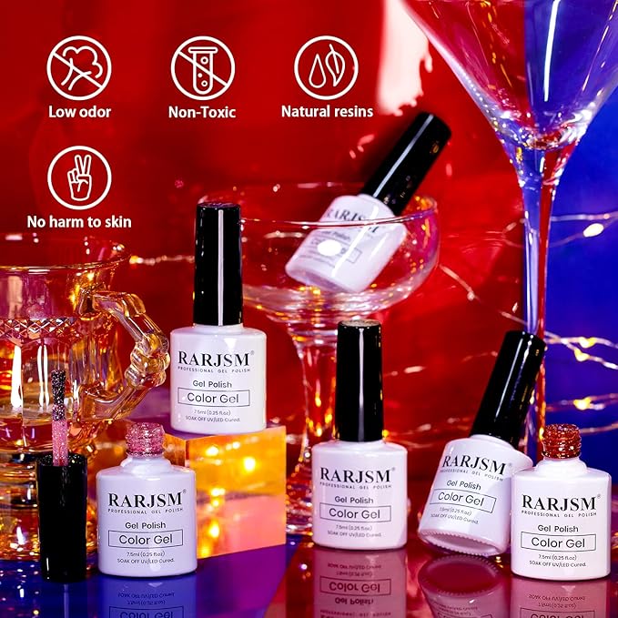 RARJSM Glitter Gel Nail Polish Set of 6 Colors Diamond Silver Sparkly Holographic Champagne Gold Iridescent Red Chunky Pigments Gel Polish Soak off Led UV Curing Required for Nail Salon Manicure