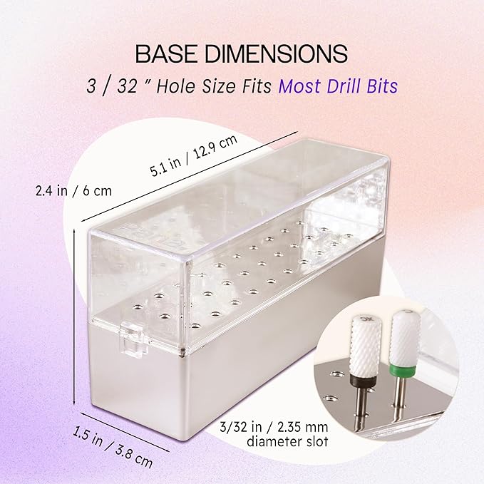 PANA Rectangle Nail Drill Bit Holder Display Organizer Case - Dustproof Carbide Bit Storage Container Box For Manicure Tools Nail Salon - 30 Holes Silver (Drill Bits Not Included)