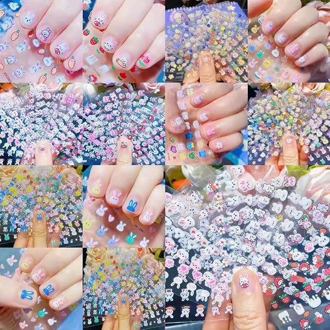30 Sheets Easter Nail Art Stickers Cute Rabbit 3D Self-Adhesive Nail Decals Spring Cute Bunny Flower with Bling Designs Acrylic Nail Design Stickers Colorful Nail Decor for Women DIY Manicure