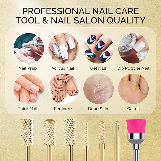 MelodySusie Nail Drill Bits Set, 7pcs Tungsten Carbide Nail Bits for Nail Drill E-file, 3/32 inch Bits Manicure Pedicure Remover Tools for Acrylic Gel Nails, Salon Home Nail Care Supplies, Gold