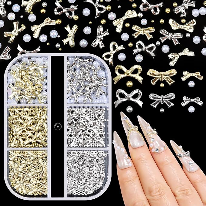 3D Metal Bowknot & AB Pearl and Mini Beads Nail Art Kit - Gold/Silver Alloy Bowknot, 1-2mm Stainless Steel Caviar Beads, 3mm Half Pearls for Professional Salon & DIY Manicure Jewelry Designs (Set 2)