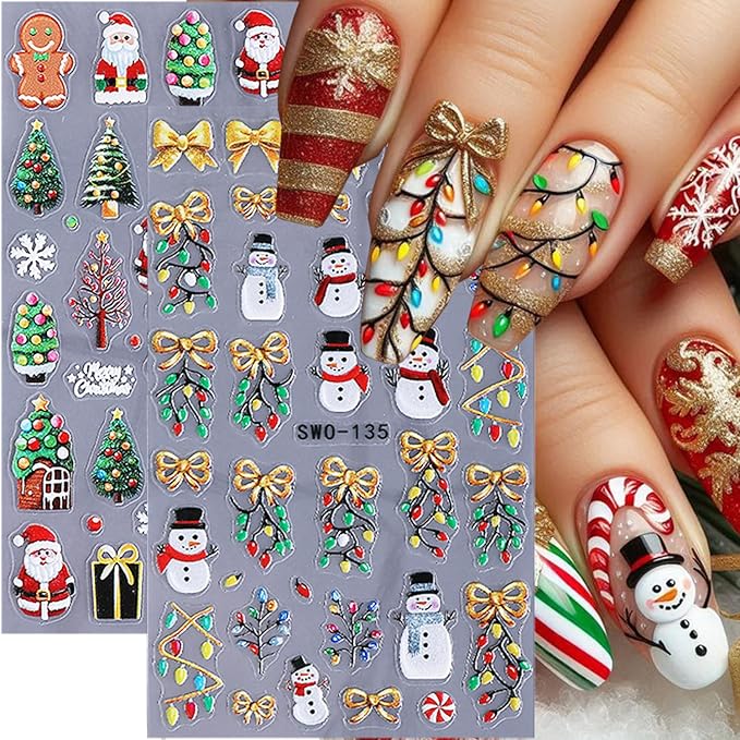 2 Sheets 5D Embossed Christmas Nail Stickers for Nail Art Self-Adhesive Santa Claus Nail Decals Winter Snowman Snowflake Nail Art Stickers Xmas Bow Light Strips Christmas Tree Nail Design for Women