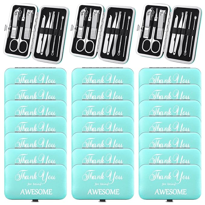 Therwen 24 Sets Manicure Set Nail Clippers 8 in 1 Stainless Steel Grooming Nail Kit Thank You Appreciation Gift Professional Pedicure Tool for Men Women Personal Care(Sky Blue)