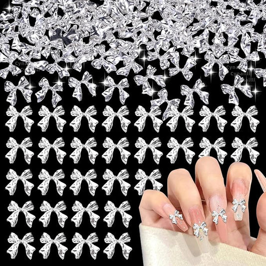 80 Pcs Sliver Bow Nail Gems Charms, 3D Bowknot Nail Charms for Alloy Nails, Cute Bow Tie Nail Jewelry Charms, Shiny Luxury Metal Nail Bow Charms for Nail Art Design Accessories