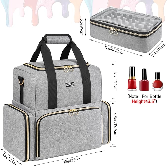 Nail Polish Organizer Holds 80 Bottles and a Lamp,Nail Polish Carrying Case with 2 Removable Bags,Nail Organizers and Storage for Nail Tech,Portable Nail Polish Holder for Nail Supplies,Grey
