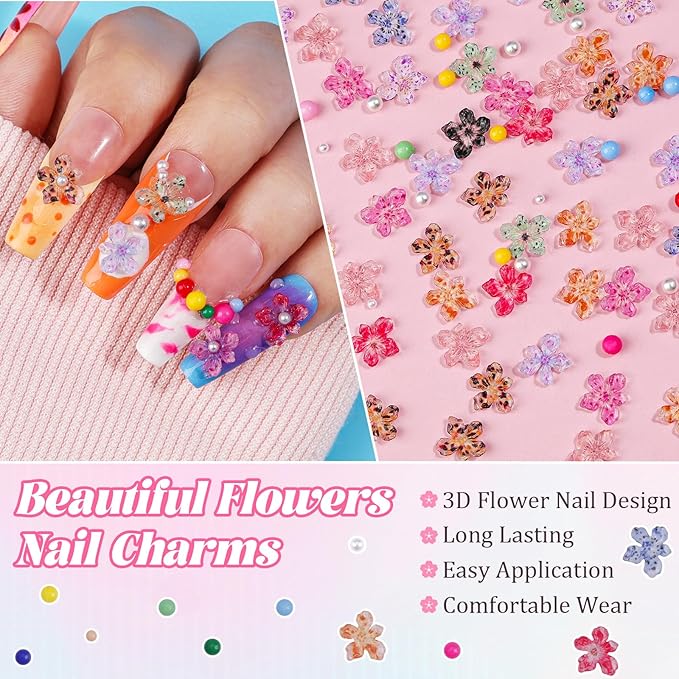 300Pcs Flower Nail Charms Kit, 100Pcs 3D Jelly Mini Hawaii Flowers Charms and 100Pcs Nail Pearls with 100Pcs Macaron Beads, Colorful Hibiscus Floral Tiny Gems Round Beads for Nails Design