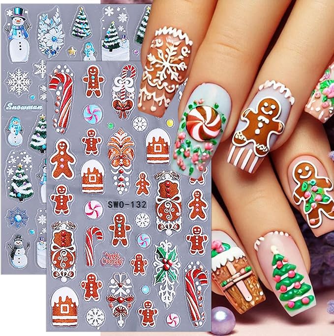 2 Sheets 5D Christmas Nail Stickers for Nail Art Self-Adhesive Embossed Winter Snowman Christmas Tree Snowflakes Xmas Gingerbread Man Nail Decals New Year Nail Design Sticker for Women DIY Manicure