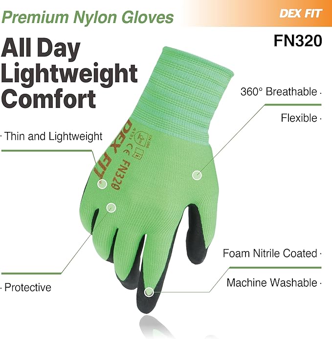 DEX FIT Premium Nylon Nitrile Work Gloves FN320, 3 Pairs, 3D-Comfort Stretchy Fit, Firm Grip, Thin & Lightweight, Durable, Breathable & Cool, Machine Washable; Green 9 (L)