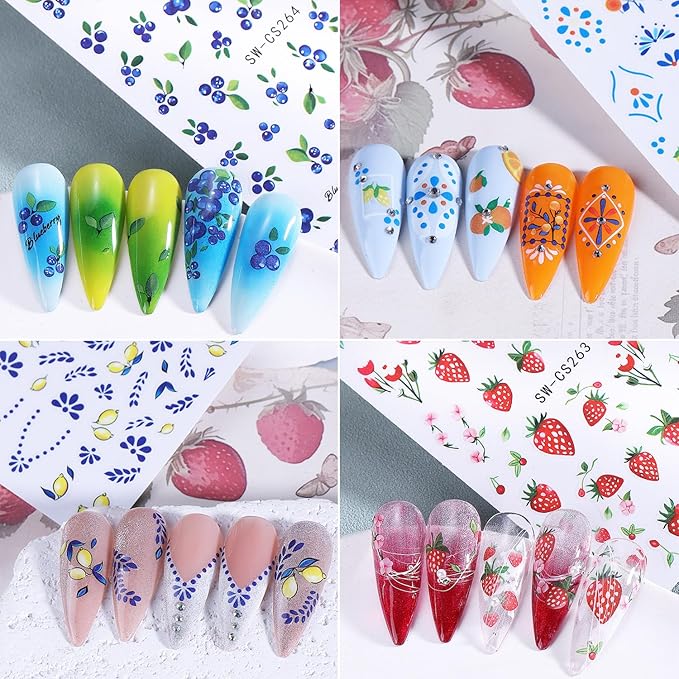 5Sheets Fruit Nail Art Stickers 3D Bohemia Fruit Design Nail Decals Self-Adhesive Flower Pattern Totem Lemon Nail Sticker Summer Strawberry Blueberry Nail Decal for Women DIY Nails Decoration Supplies
