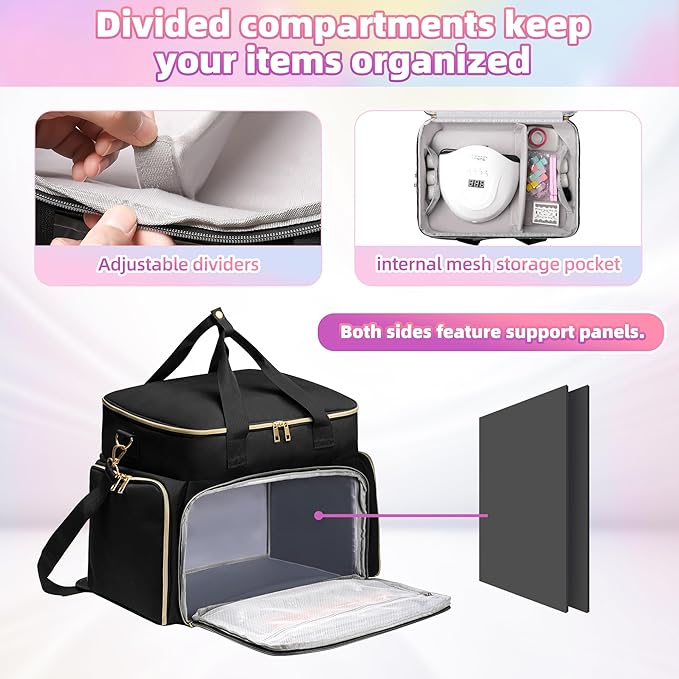Nail Polish Organizer Case for 96 Bottles – Waterproof Travel Bag with Hard Bottom – Double Layer Nail Storage Bag with Adjustable Dividers & Nail Lamp Compartment – for Home or Salon Use