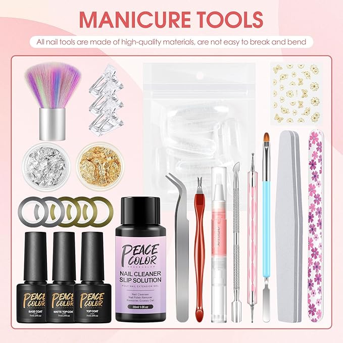 42Pc Poly Nail Gel Kit, 15 Colors Nude Pink White Clear Poly Nail Extension Gel with Nail Lamp Starter Kit Slip Solution 12Pc Nail Decorations Top Coat Manicure Kit Gifts for Women