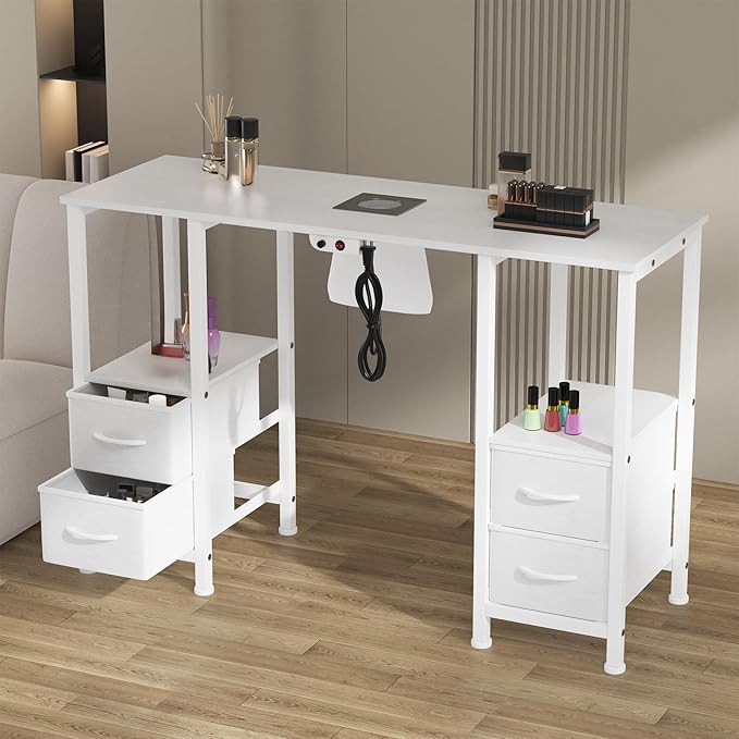 Manicure Table for Nail Tech, Nail Tech Table Station w/4 Storage Drawers & 2 Open Shelves, Nail Table w/Dust Collector for Beauty Salon Tech Station (White)