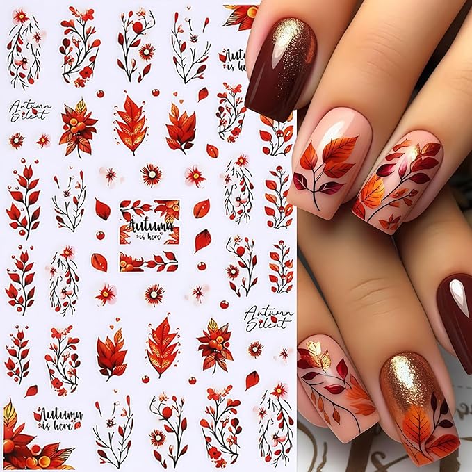 6 Sheets Fall Nail Art Stickers Decals Thanksgiving Day Pumpkin Nail Decals 3D Self-Adhesive Autumn Maple Leaves Pumpkin Design Maple Leaf Nail Art Sticker for Women Holiday DIY Manicure Decoration