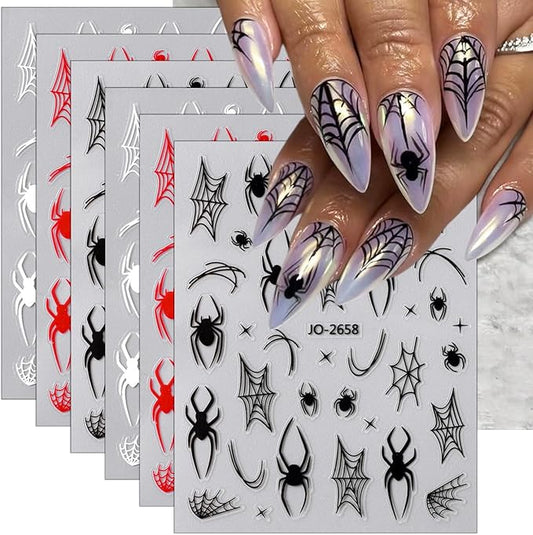 6 Sheets Halloween Spider Nail Stickers White Red Black Spider Web Nail Art Stickers 3D Self-Adhesive Horror Spiders Nail Decoration Scary Halloween Nail Decals for Women Girls Nail Art Designs