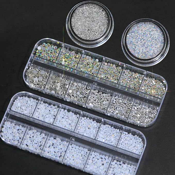HNUIX Nail Rhinestones and Pearls Nail Charms, 4Box Crystals Nail Gems, Rhinestones, Pearl for Nails Gemstones Bling for DIY Nail Art Decor , with Wax Pencil and Tweeze