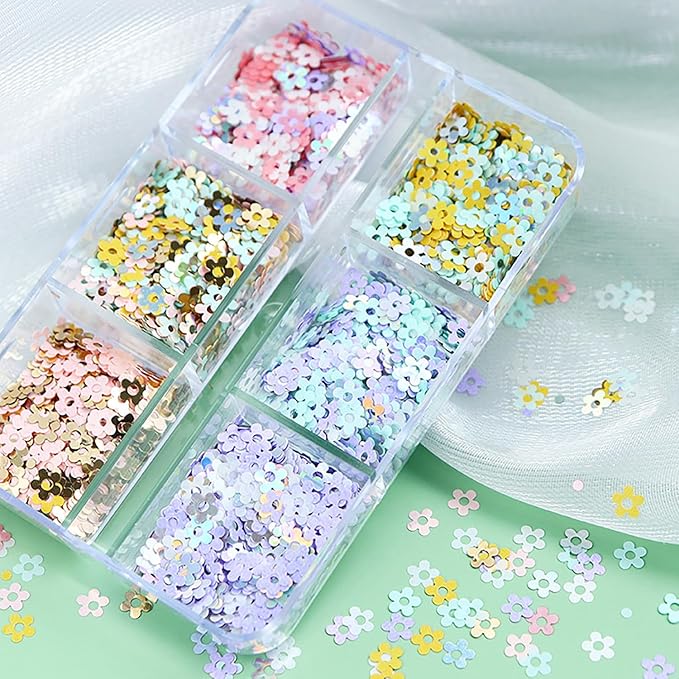 Flower Nail Art Glitter Sequins, 6 Grids Floral Sparkly Nail Glitter Flakes Designs, Shiny Flower Confetti Acrylic Supplies for Women Girls Manicure Charms Holiday Decorations, Resin Nail Art Tips
