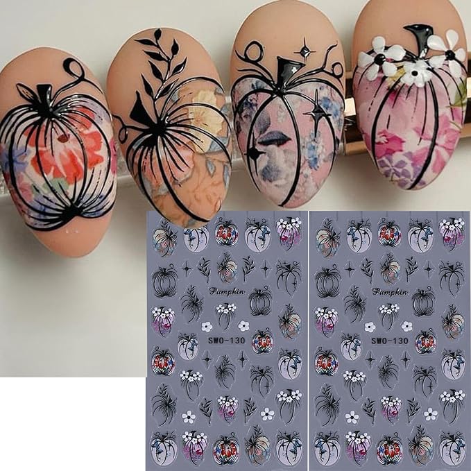 2Sheets Halloween Nail Art Stickers Decals 3D Black Pumpkin Leaf Designs Nail Stickers Self-Adhesive Colorful Flower Nail Decal Pumpkin Star Nail Sticker for Women DIY Manicure Decoration Supplies