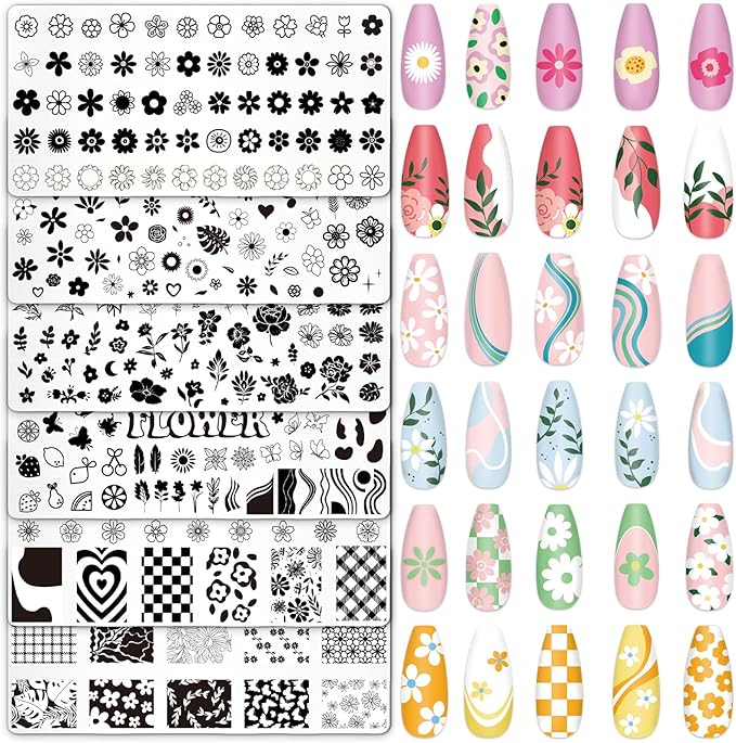 Whaline 6Pcs Simple Floral Nail Plates Stamping Set Flower Leaves Stamp Templates Nail Art Plates for DIY Print Manicure Salon Design Gift