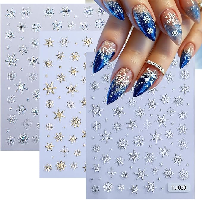 3 Sheets Christmas 5D Embossed Nail Art Stickers White Snowflake with Glitter Gems Nail Art Decals Gold Silver Laser Nail Design Stickers Winter Xmas Nail Stickers for Women DIY Manicure Supplies Kit