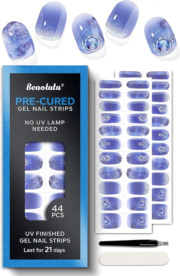 Pre Cured Gel Nail Strips - 44PCS Salon Quality Gel Nail Stickers - Long Lasting Polish Wraps for Women no UV Light Needed Easy Apply& Remove (Crystal Blue）