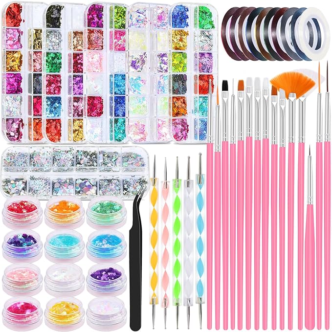 Nail Art Kit for Beginners with Nail Brushes Set and Dotting Tools, Jumbo Holographic Glitter Sequins Assorted Heart Star Maple Leaf Glitter Flakes Colorful Striping Tape with Tweezers (02-Pink)