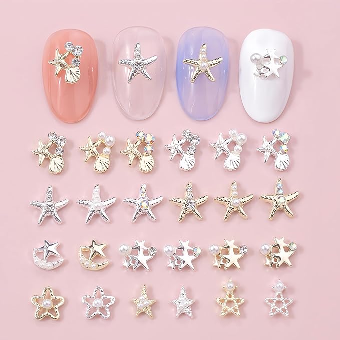 18Pcs Mixed Color 3D Starfish Nail Charms Alloy Summer Beach Nail Art Rhinestones Ocean Theme Shell with Flatback Pearls Caviar Beads Designs Nail Charms Summer Beach DIY Crafts Manicure Decoration