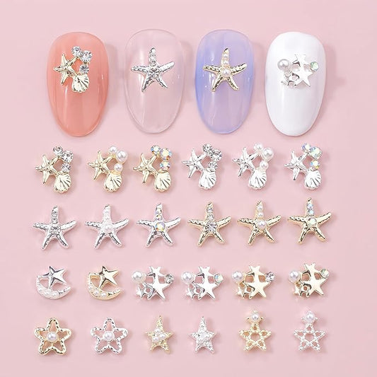 18Pcs Mixed Color 3D Starfish Nail Charms Alloy Summer Beach Nail Art Rhinestones Ocean Theme Shell with Flatback Pearls Caviar Beads Designs Nail Charms Summer Beach DIY Crafts Manicure Decoration