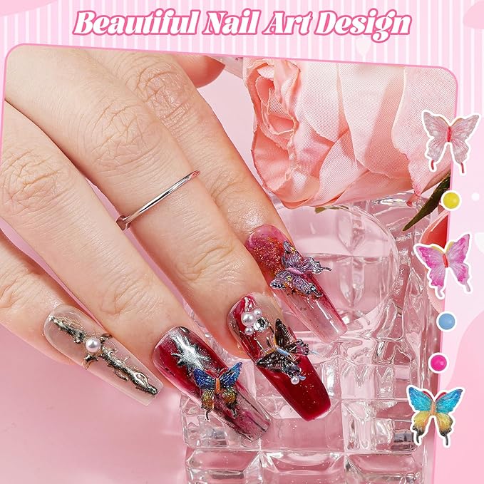 100Pcs Butterfly Nail Charms with 200Pcs Pearls, Colorful 3D Resin Nail Butterfly Charms, White & Macaron Rhinestones for Nail Art, DIY Crafts, Spring Summer Manicure Decoration for Women Girls