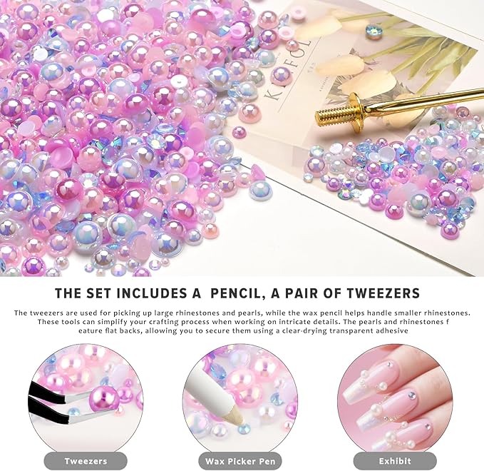 80g Mix Flatback Pearls and Rhinestones for Crafts Pink Purple Mixed Size 2mm-10mm Half Round Pearls Rhinestones for Nail Art Tumblers Shoes DIY Bedazzling with Tweezers Wax Pen
