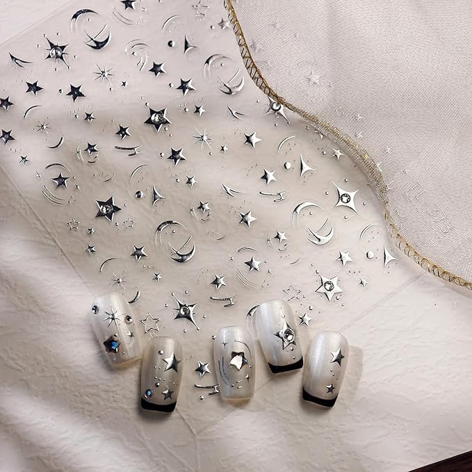 Shine Silver Star Nail Stickers for Nail Art 5D Embossed Self-Adhesive Pentagram Nail Decals with Rhinestones Designs for Women DIY Manicure Supplies Decorations 1 Sheets