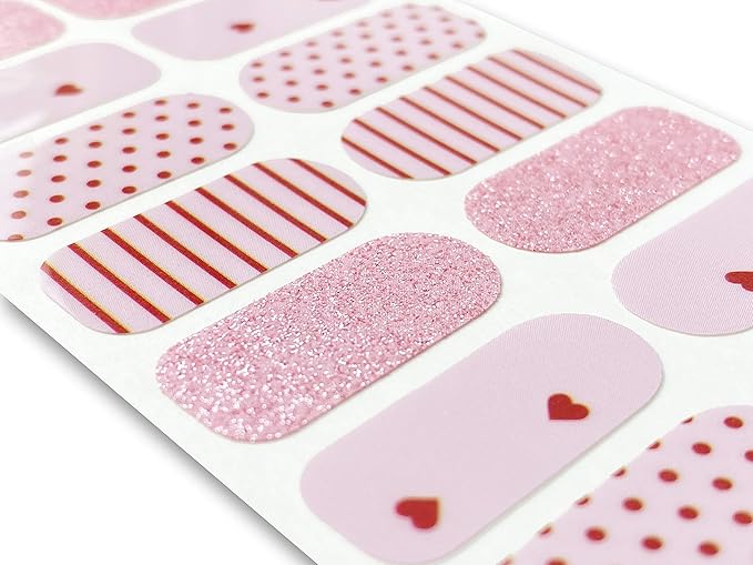 | 20 Exquisite Gel Nail Polish Strips w/Application Accessories - No UV/LED Lamp Required (Pink Glitter, Dots, Hearts & Lines)