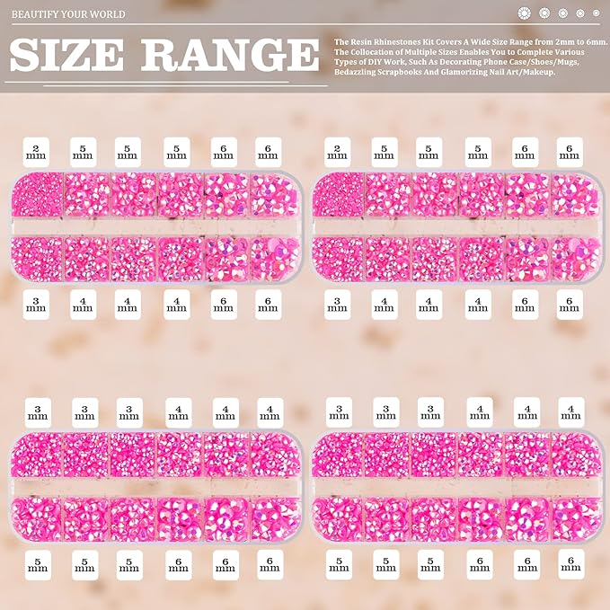 7000PCS Resin Rhinestones with Tweezers for Crafting, 2/3/4/5/6mm Flatback Jelly Rhinestones, 4 Box Hot Pink AB Non Hotfix Crystal Gems for DIY Crafts Mugs Tumblers Clothes Makeup Nail