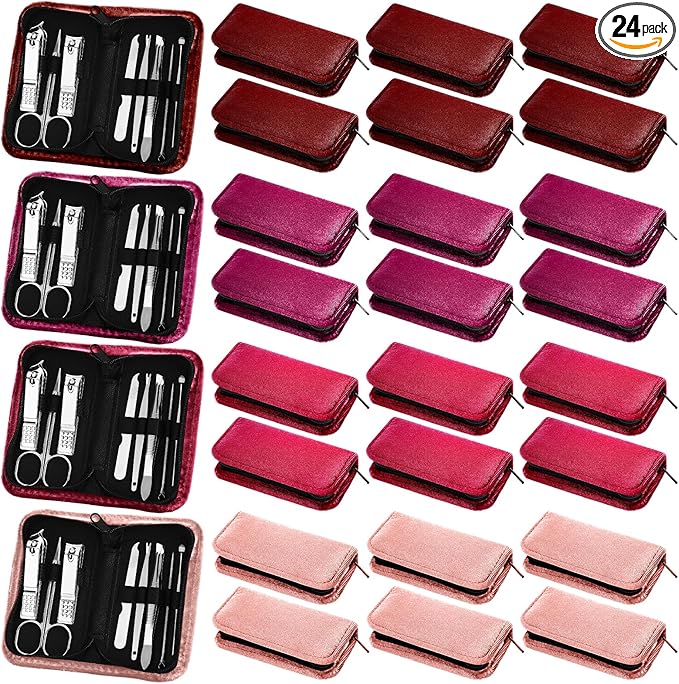 Coume 24 Sets Manicure Set Bulk Rad Tech 8 in 1 Nail Clippers Kit Luxurious Travel Case Stainless Steel Nails Care Tool Office Gift for Coworker Nurse Practitioner Week Christmas(Red Series)
