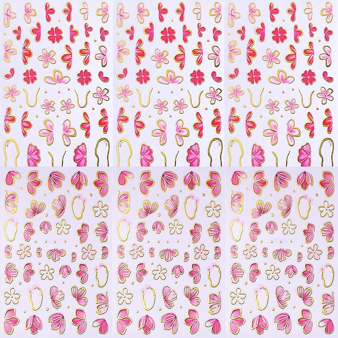 6 Sheets Pink Flower Nail Stickers for Nail Art Cherry Blossom Petals Nail Art Stickers Golden Edge with Pink Floral Blossom Design Spring Summer Nail Decals Nail Supplies for Women Acrylic Manicure
