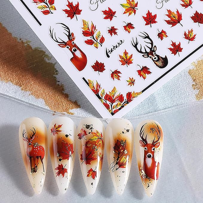 Fall Nail Stickers for Nail Art Maple Leaf Nail Decals 6PCS 3D Self-Adhesive Autumn Leaves Deer Pattern Design Stickers Decoration for Women DIY Holiday Party Nail Supplies Charms Accessories