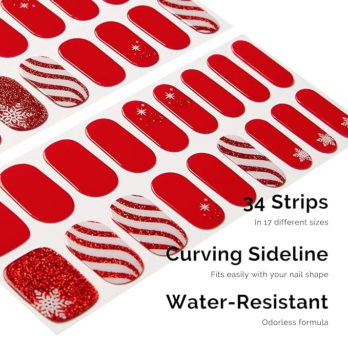 Nailog Semi Cured Gel Nail Strips 34 pcs for Christmas | Long Lasting Nail Polish Sticker Wraps with Glossy Gel Finish (Santa is Here)
