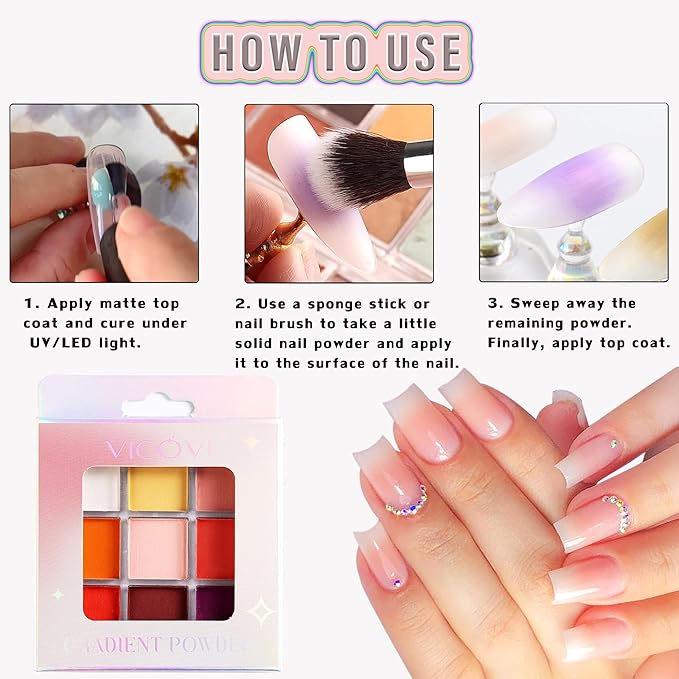 Pigment Powder for Nails 9 Colors Nail Pigment Palette Gradient Ombre Nail Powder Nail Art Design Fine Solid Neon Powder for DIY Manicure Beginners -Includes 5 Sponge Sticks 1 Brush #09