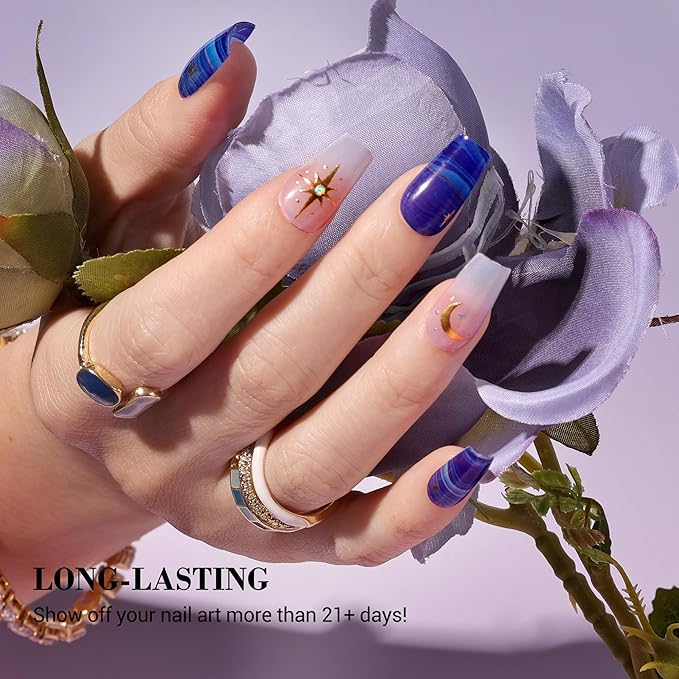 MelodySusie Semi Cured Gel Nail Strips (Starry Night), 20 PCS Stars Gel Nail Stickers, Deep Blue Gel Nail Wraps, UV Light Required, Durable and Salon Quality